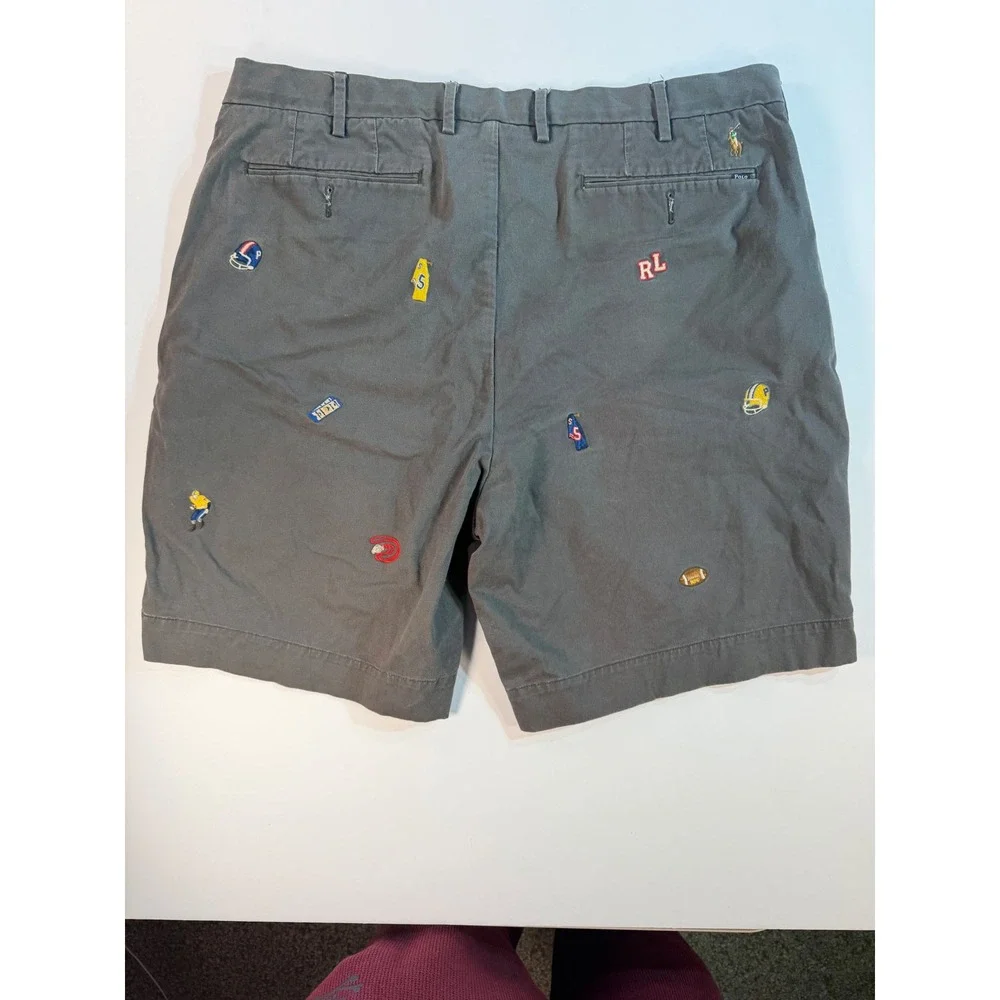 Polo Ralph Lauren Mens 38 Grey Embroidered Football Chino Shorts Stretch Classic